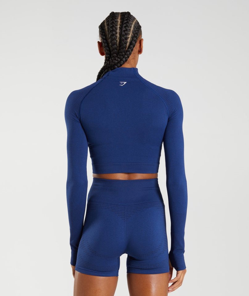 Gymshark Vital Seamless 2.0 High Neck Midi Kurz Geschnittene Oberteile Damen Blau | 91370FXUL