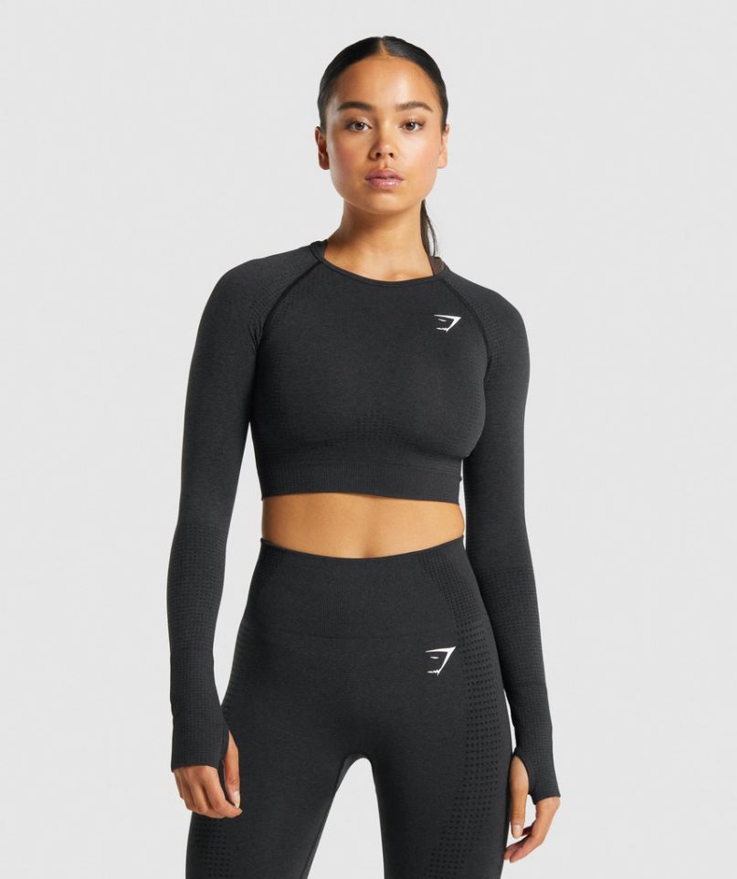 Gymshark Vital Seamless 2.0 Long Sleeve Kurz Geschnittene Oberteile Damen Schwarz | 86742EZJN