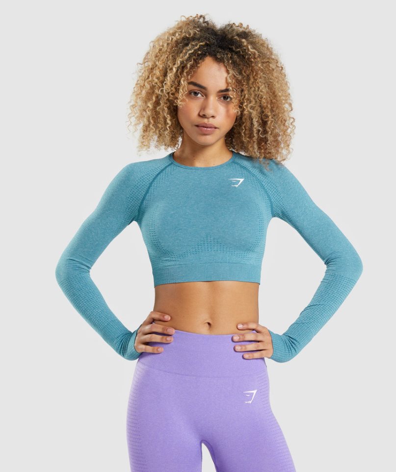 Gymshark Vital Seamless 2.0 Long Sleeve Kurz Geschnittene Oberteile Damen Türkis | 96374VRGB