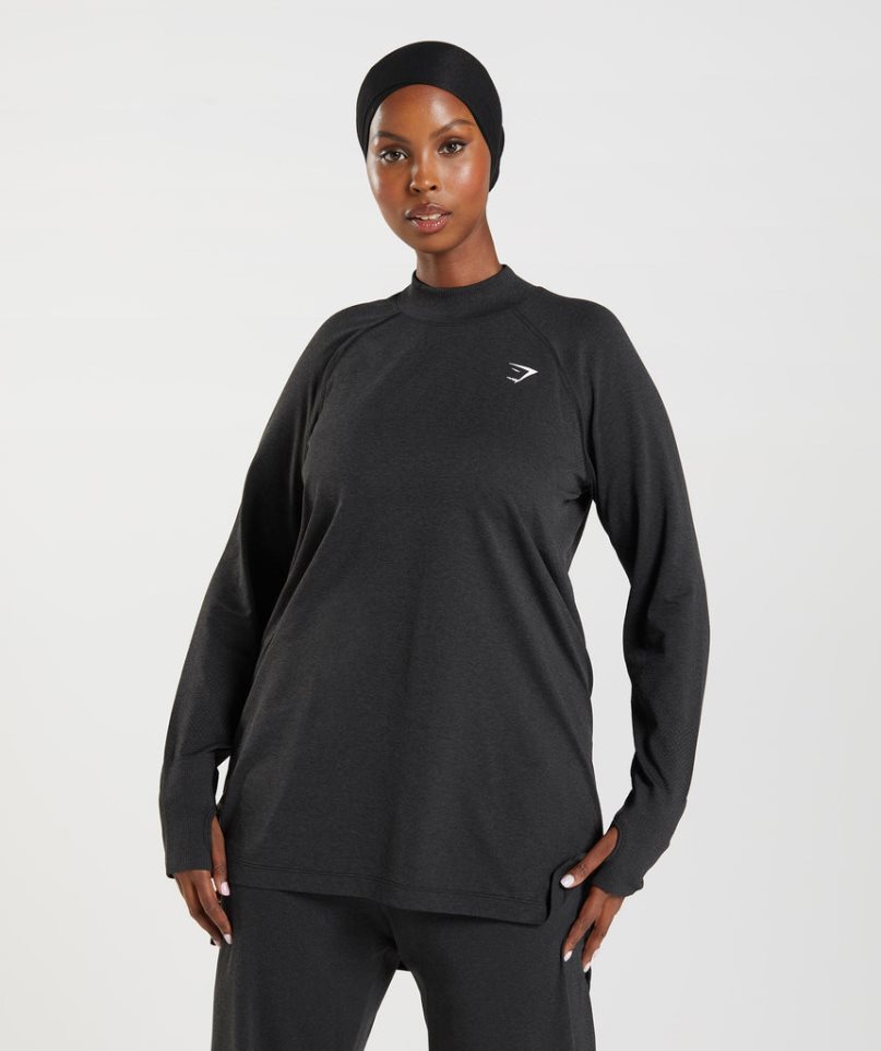 Gymshark Vital Seamless Long Line Top T-shirts Damen Schwarz | 79081CAIN