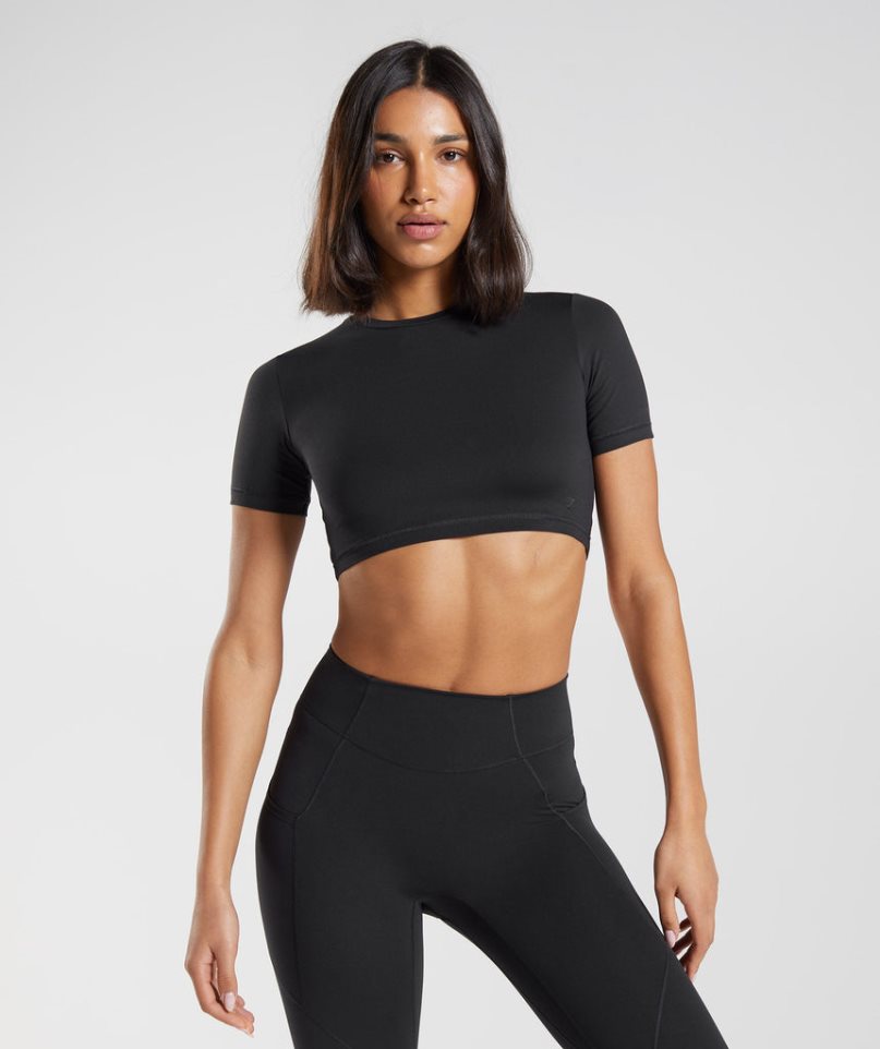 Gymshark Whitney Kurzes Sleeve Kurz Geschnittene Oberteile Damen Schwarz | 56849PXMC