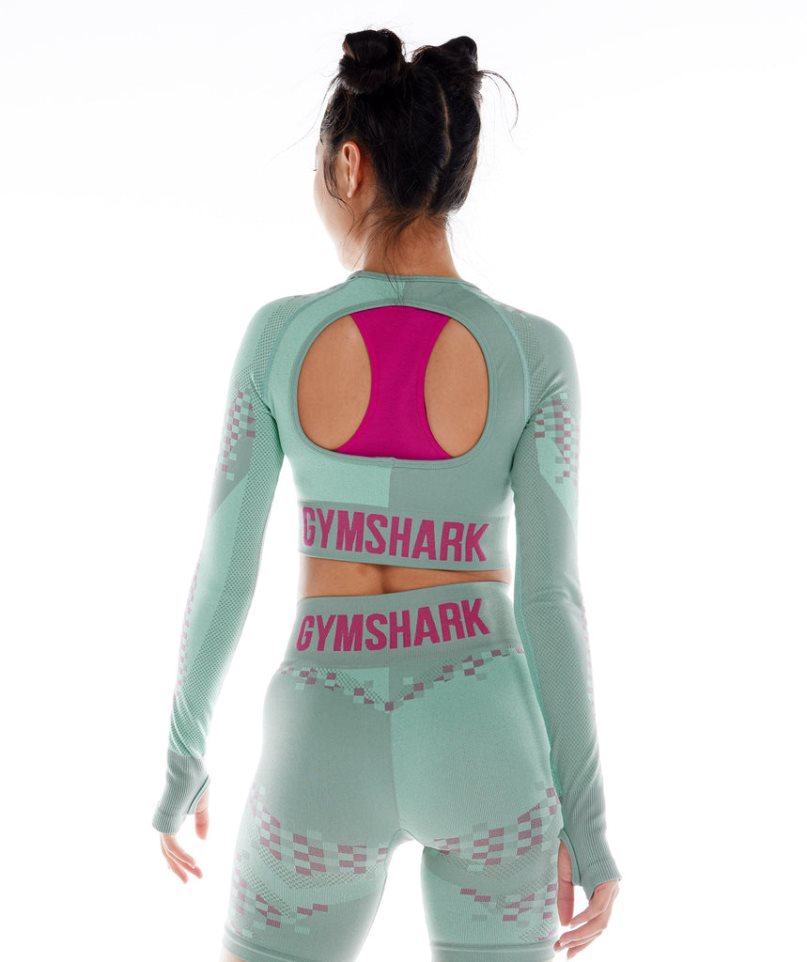 Gymshark Wtflex Cyborg Seamless Long Sleeve Kurz Geschnittene Oberteile Damen Grün | 75830AWSJ