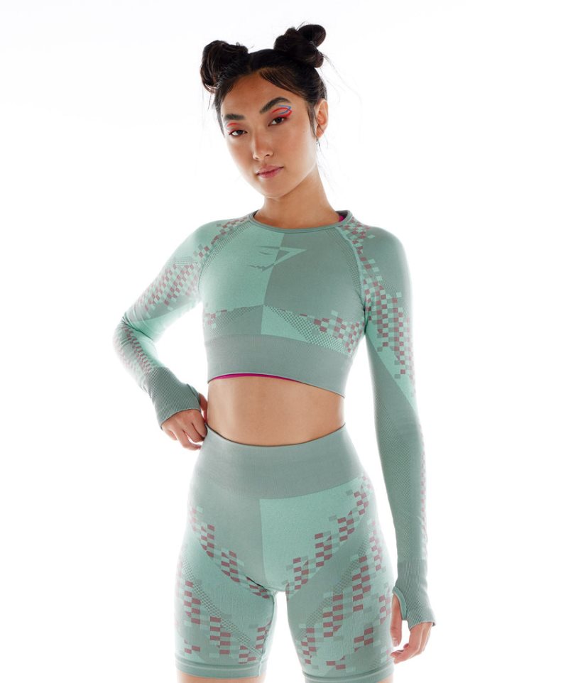 Gymshark Wtflex Cyborg Seamless Long Sleeve Kurz Geschnittene Oberteile Damen Grün | 75830AWSJ